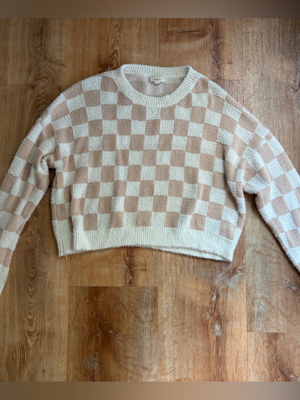 Debut Cream and Beige Checkerboard Crewneck Sweater